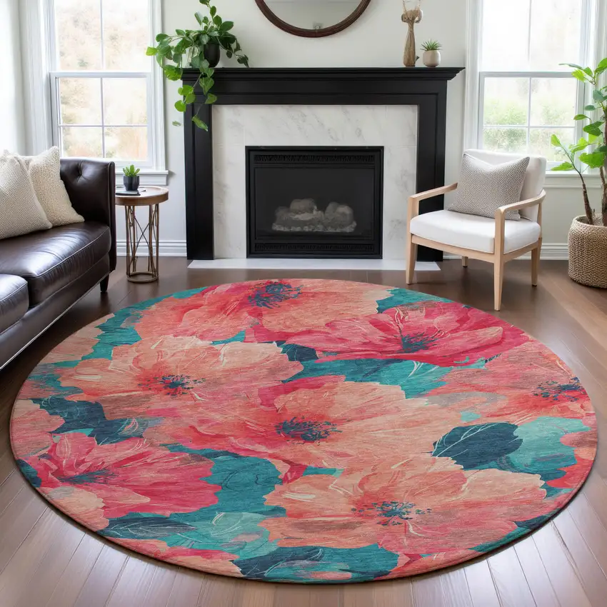 8' X 8' Salmon And Teal Floral Washable Round Rug With UV Protection Photo 4
