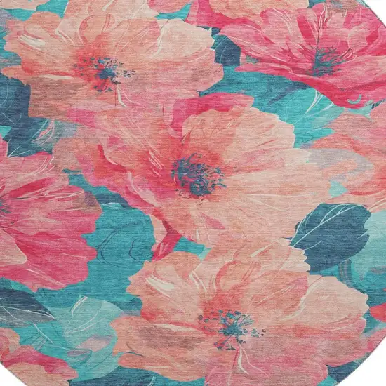 8' X 8' Salmon And Teal Floral Washable Round Rug With UV Protection Photo 2