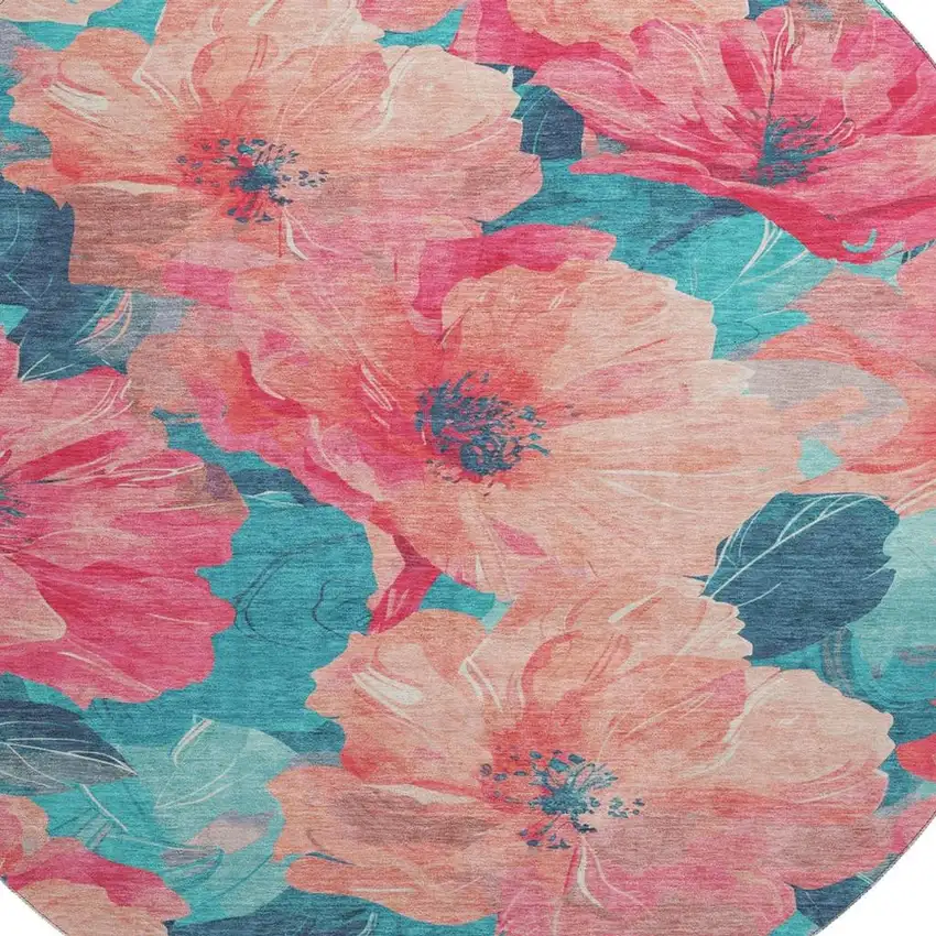 8' X 8' Salmon And Teal Floral Washable Round Rug With UV Protection Photo 2
