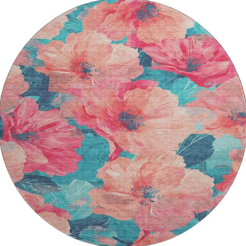 8' X 8' Salmon And Teal Floral Washable Round Rug With UV Protection Photo 3