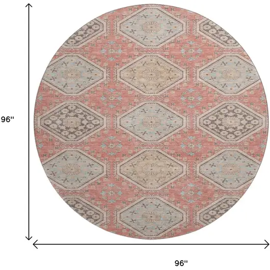 8' X 8' Salmon Beige And Gray Floral Washable Round Rug With UV Protection Photo 9