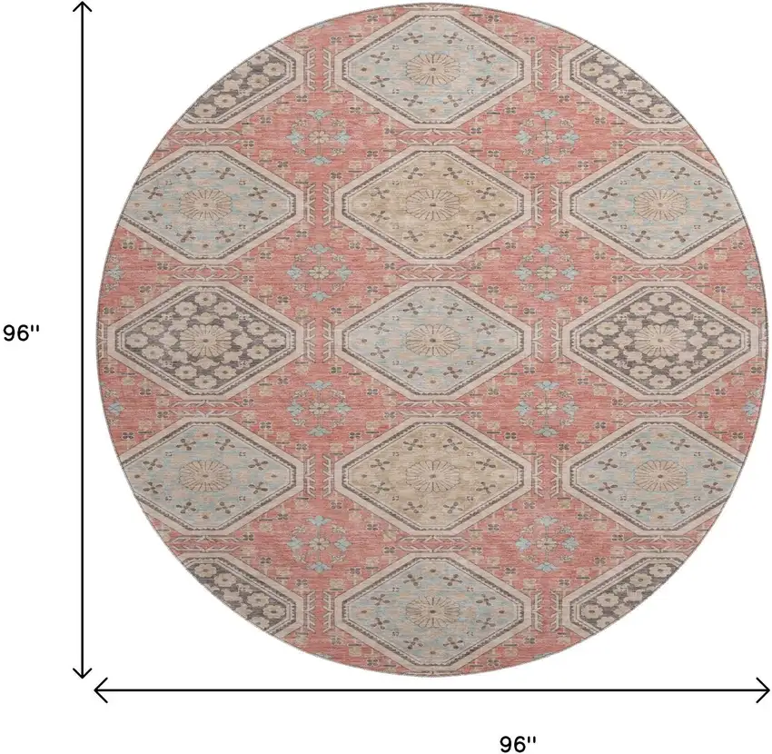 8' X 8' Salmon Beige And Gray Floral Washable Round Rug With UV Protection Photo 9