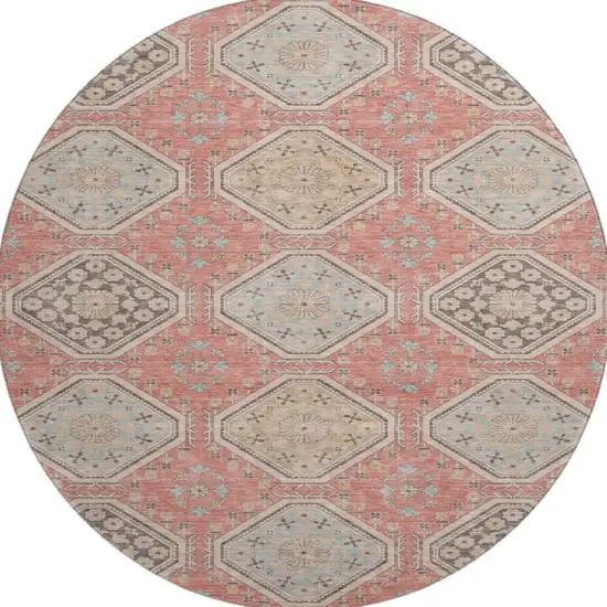 8' X 8' Salmon Beige And Gray Floral Washable Round Rug With UV Protection Photo 3