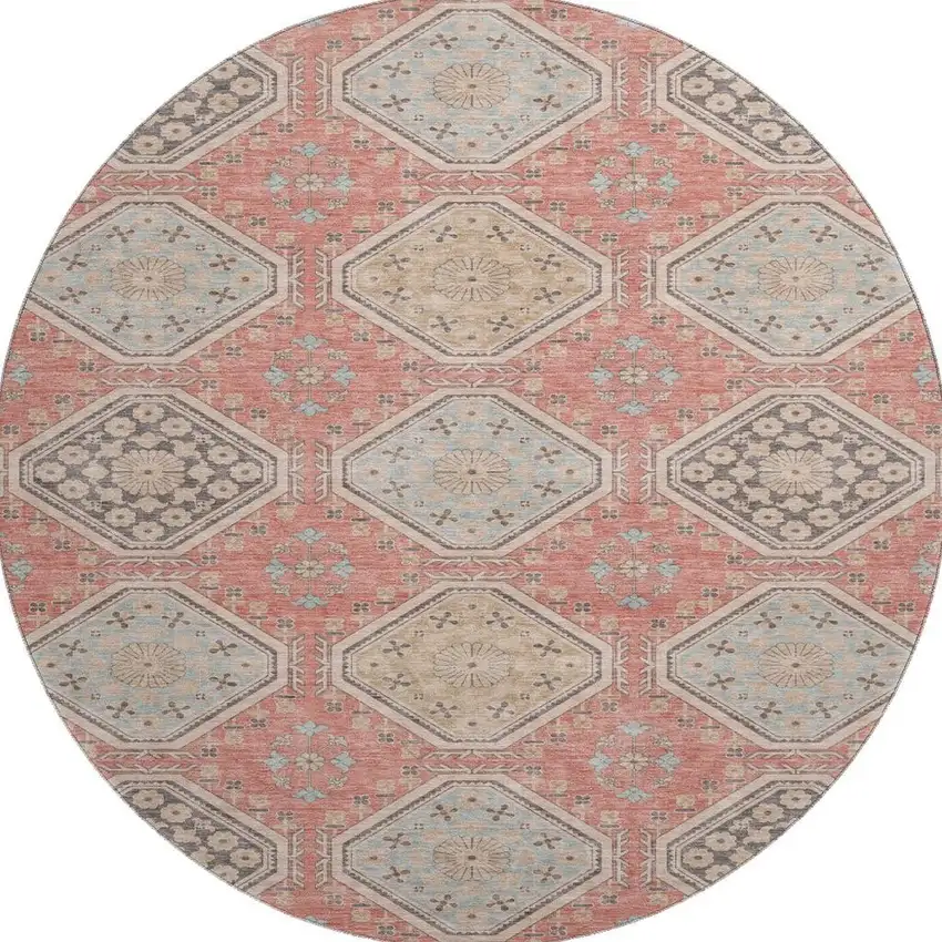 8' X 8' Salmon Beige And Gray Floral Washable Round Rug With UV Protection Photo 3