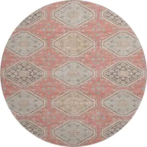 Photo of 8' X 8' Salmon Beige And Gray Floral Washable Round Rug With UV Protection