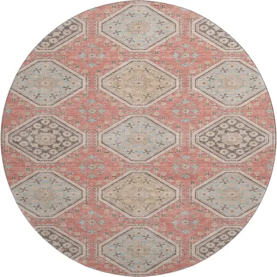 8' X 8' Salmon Beige And Gray Floral Washable Round Rug With UV Protection Photo 1