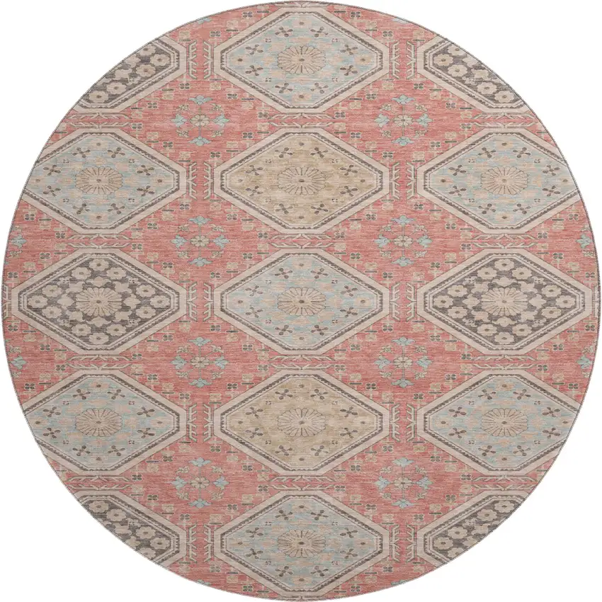 8' X 8' Salmon Beige And Gray Floral Washable Round Rug With UV Protection Photo 1