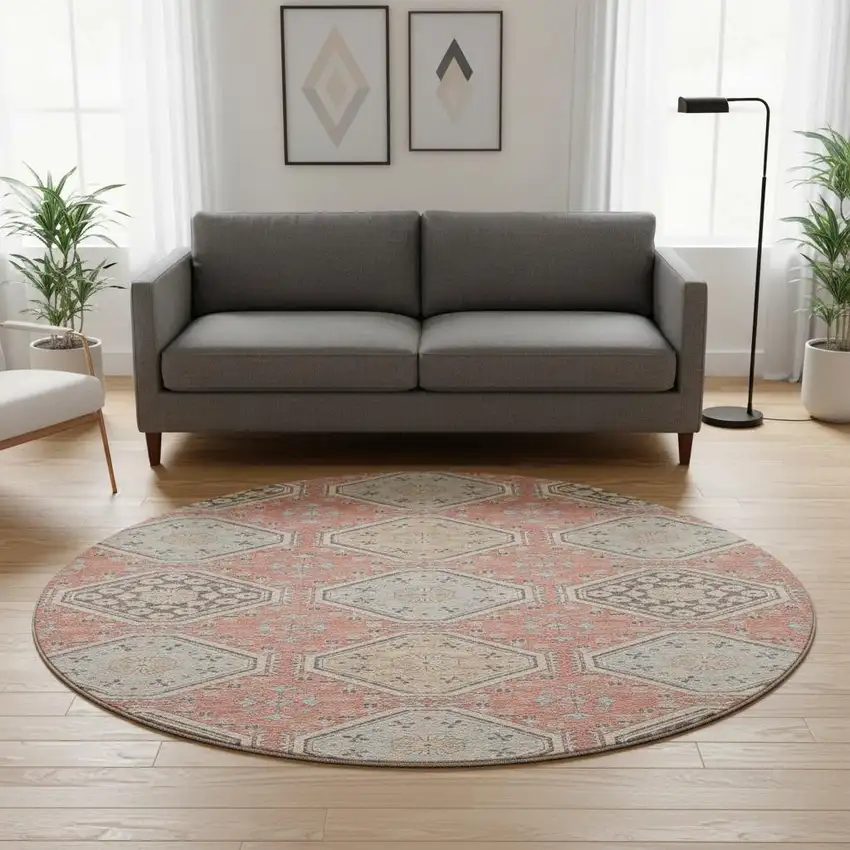 8' X 8' Salmon Beige And Gray Floral Washable Round Rug With UV Protection Photo 2