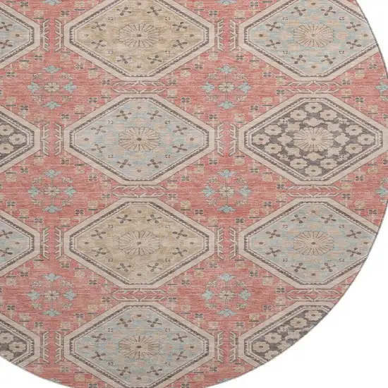 8' X 8' Salmon Beige And Gray Floral Washable Round Rug With UV Protection Photo 2