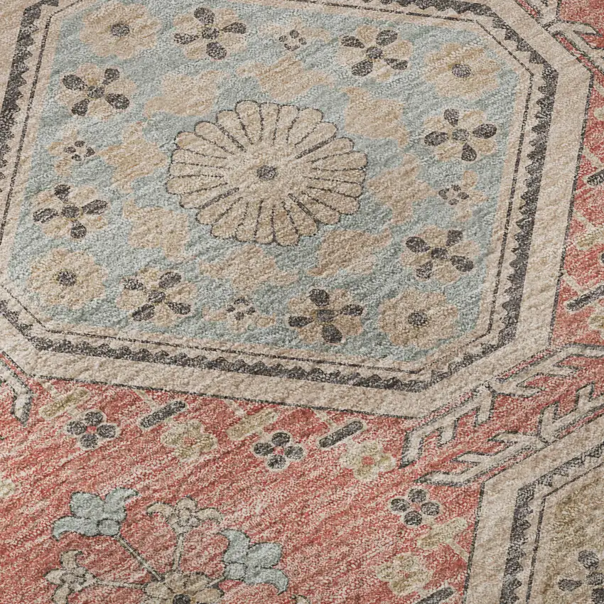 8' X 8' Salmon Beige And Gray Floral Washable Round Rug With UV Protection Photo 8