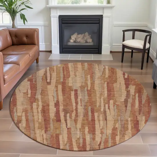 8' X 8' Salmon Brick Red And Gold Striped Washable Round Rug With UV Protection Photo 3