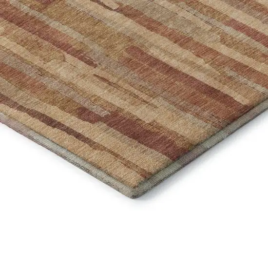 8' X 8' Salmon Brick Red And Gold Striped Washable Round Rug With UV Protection Photo 5