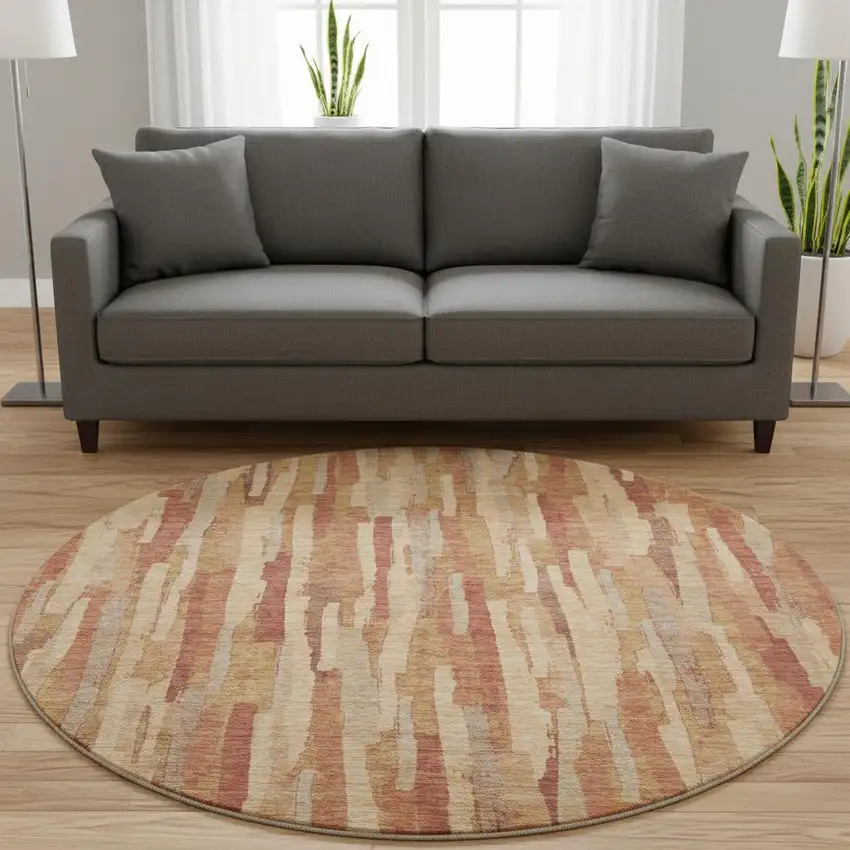 8' X 8' Salmon Brick Red And Gold Striped Washable Round Rug With UV Protection Photo 2