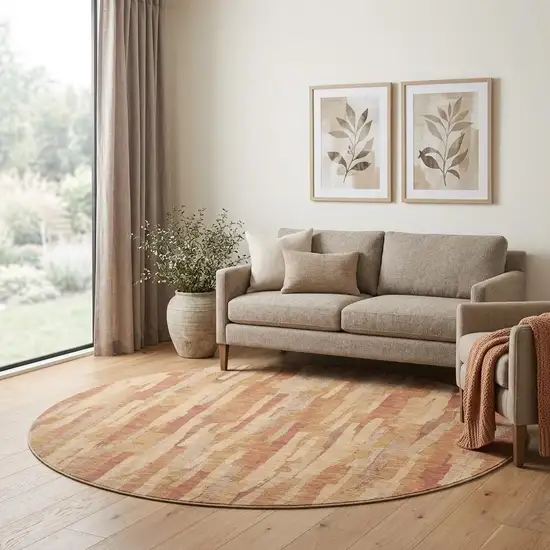 8' X 8' Salmon Brick Red And Gold Striped Washable Round Rug With UV Protection Photo 1
