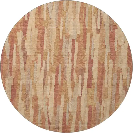 8' X 8' Salmon Brick Red And Gold Striped Washable Round Rug With UV Protection Photo 2