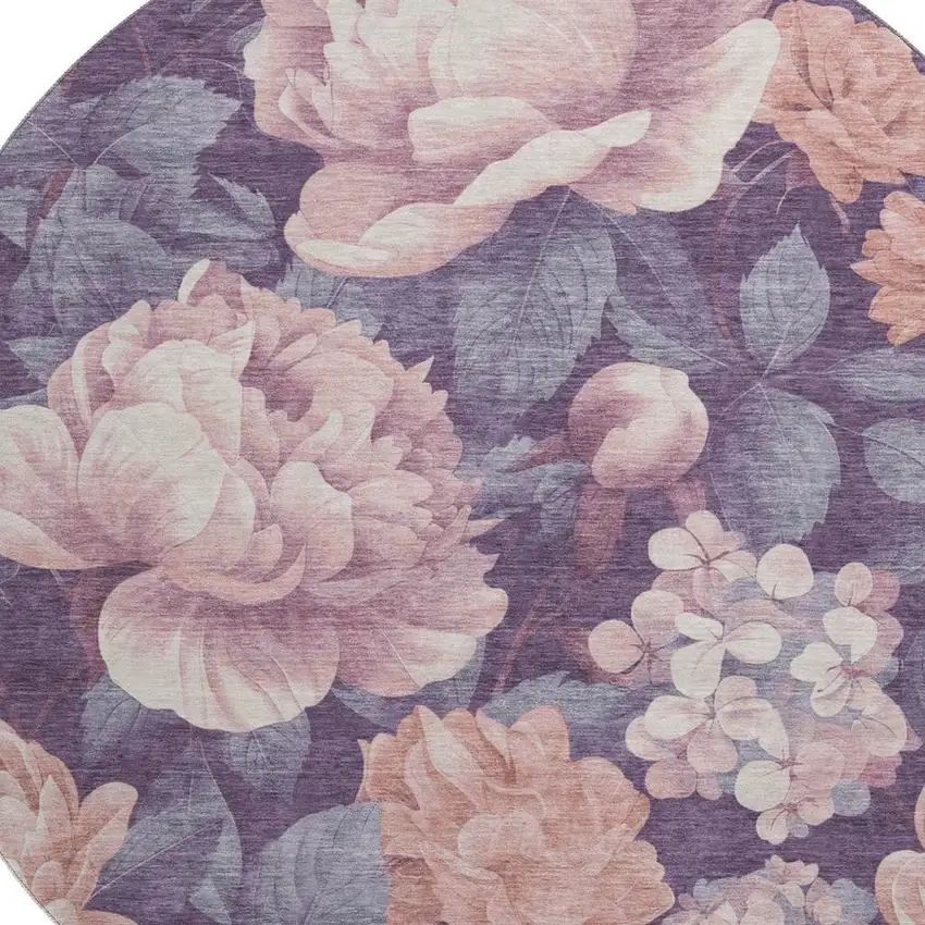 8' X 8' Salmon Gray And Ivory Floral Washable Round Rug With UV Protection Photo 2