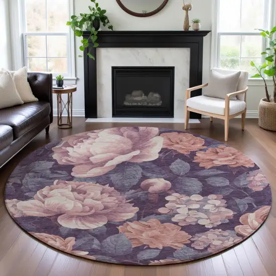 8' X 8' Salmon Gray And Ivory Floral Washable Round Rug With UV Protection Photo 4