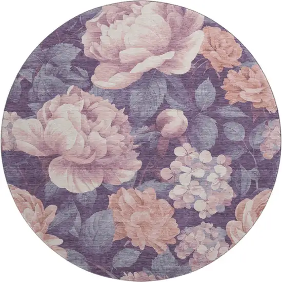 8' X 8' Salmon Gray And Ivory Floral Washable Round Rug With UV Protection Photo 1