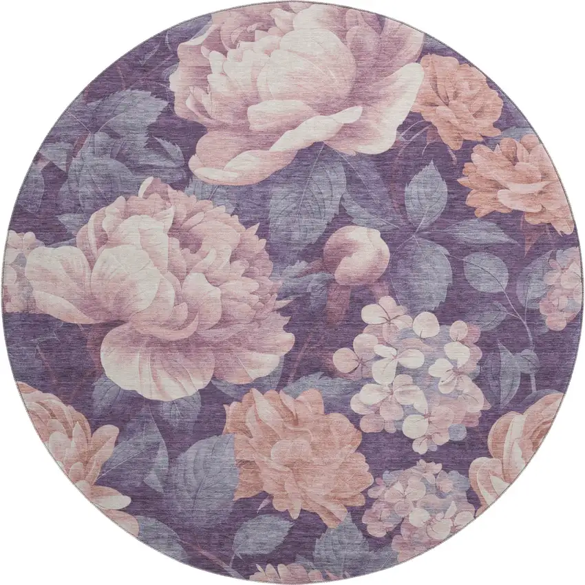8' X 8' Salmon Gray And Ivory Floral Washable Round Rug With UV Protection Photo 1