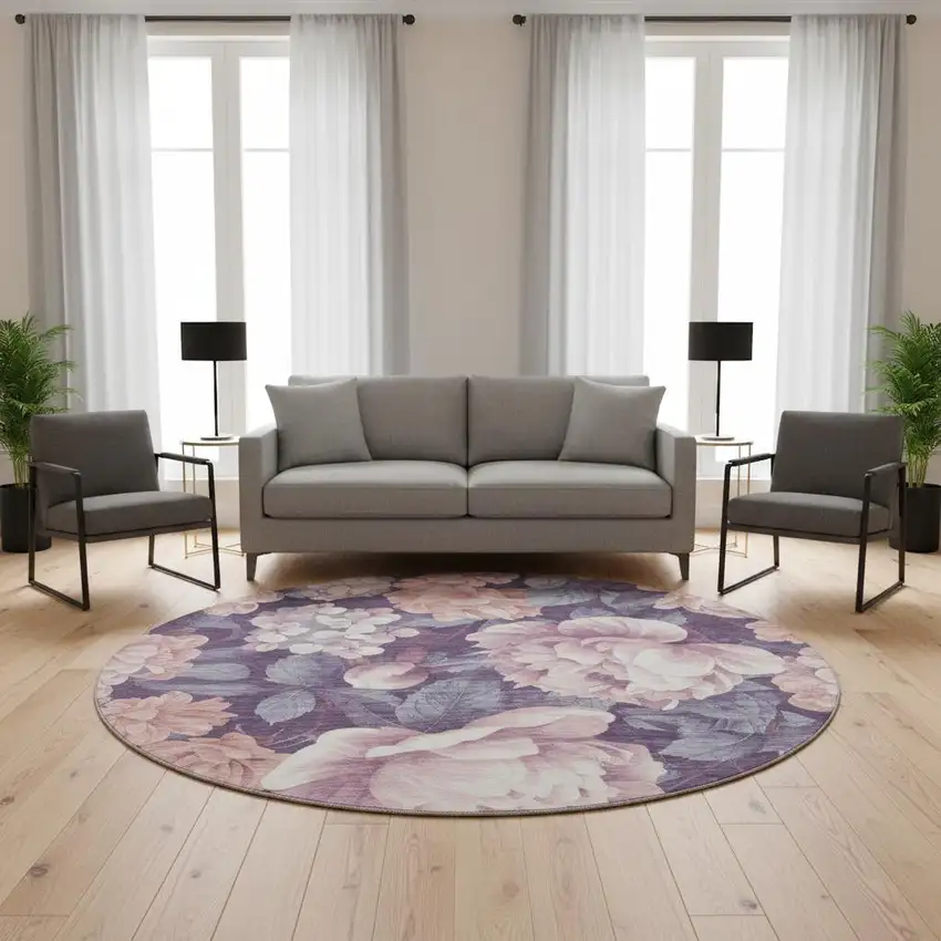 8' X 8' Salmon Gray And Ivory Floral Washable Round Rug With UV Protection Photo 2