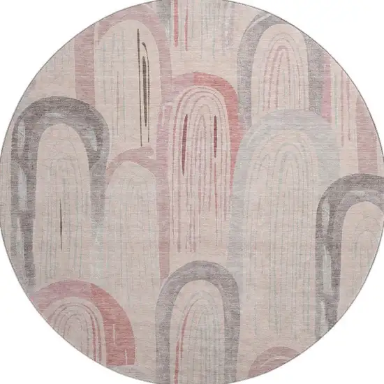 8' X 8' Salmon Gray And Silver Geometric Washable Round Rug With UV Protection Photo 3
