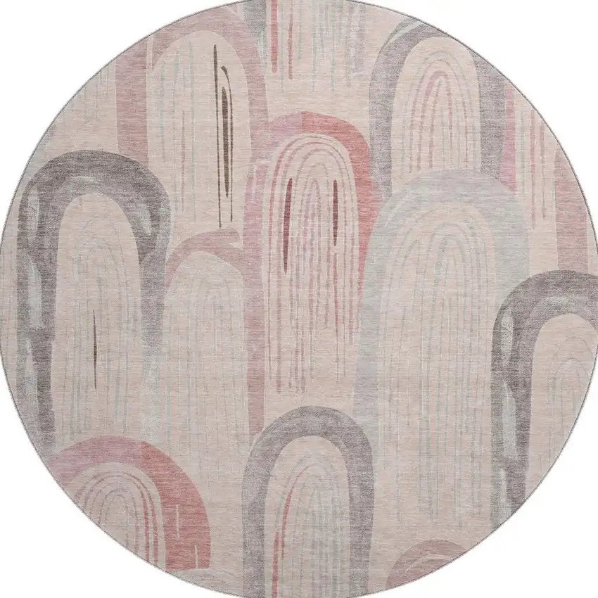 8' X 8' Salmon Gray And Silver Geometric Washable Round Rug With UV Protection Photo 3