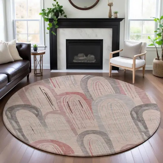 8' X 8' Salmon Gray And Silver Geometric Washable Round Rug With UV Protection Photo 4