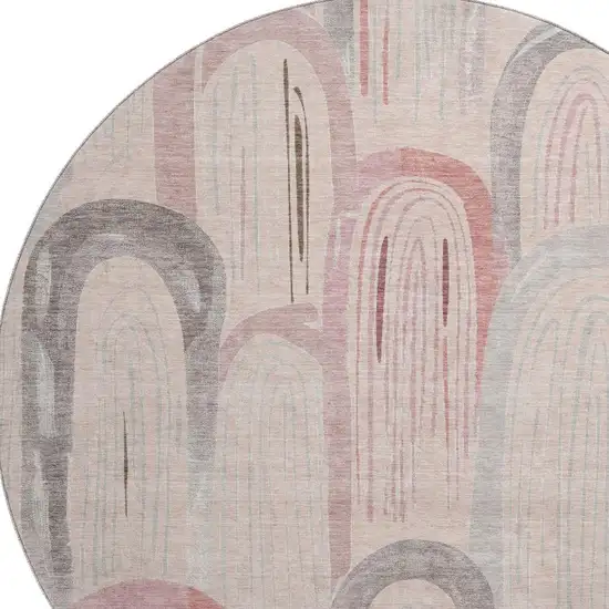 8' X 8' Salmon Gray And Silver Geometric Washable Round Rug With UV Protection Photo 2