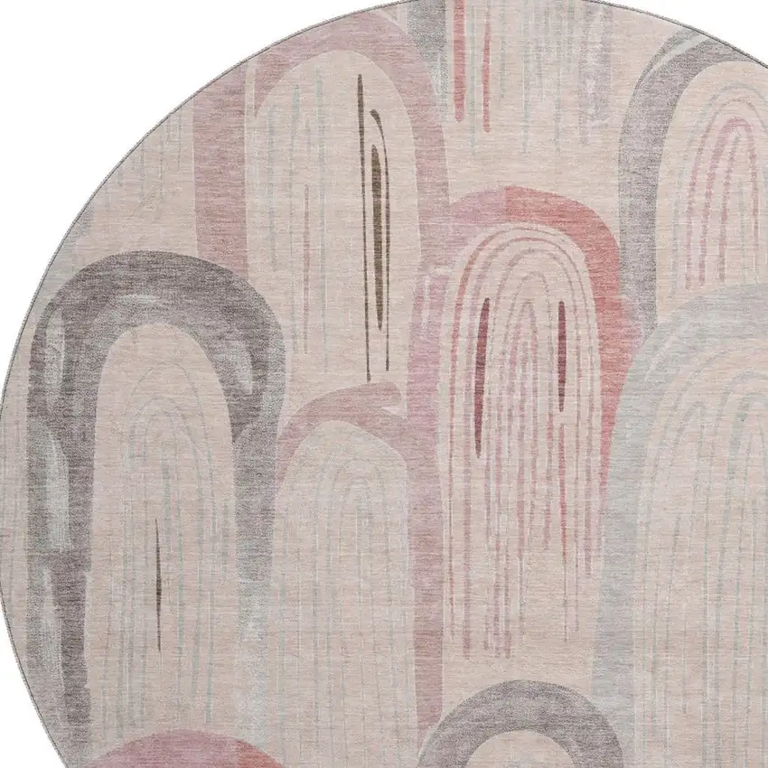 8' X 8' Salmon Gray And Silver Geometric Washable Round Rug With UV Protection Photo 2