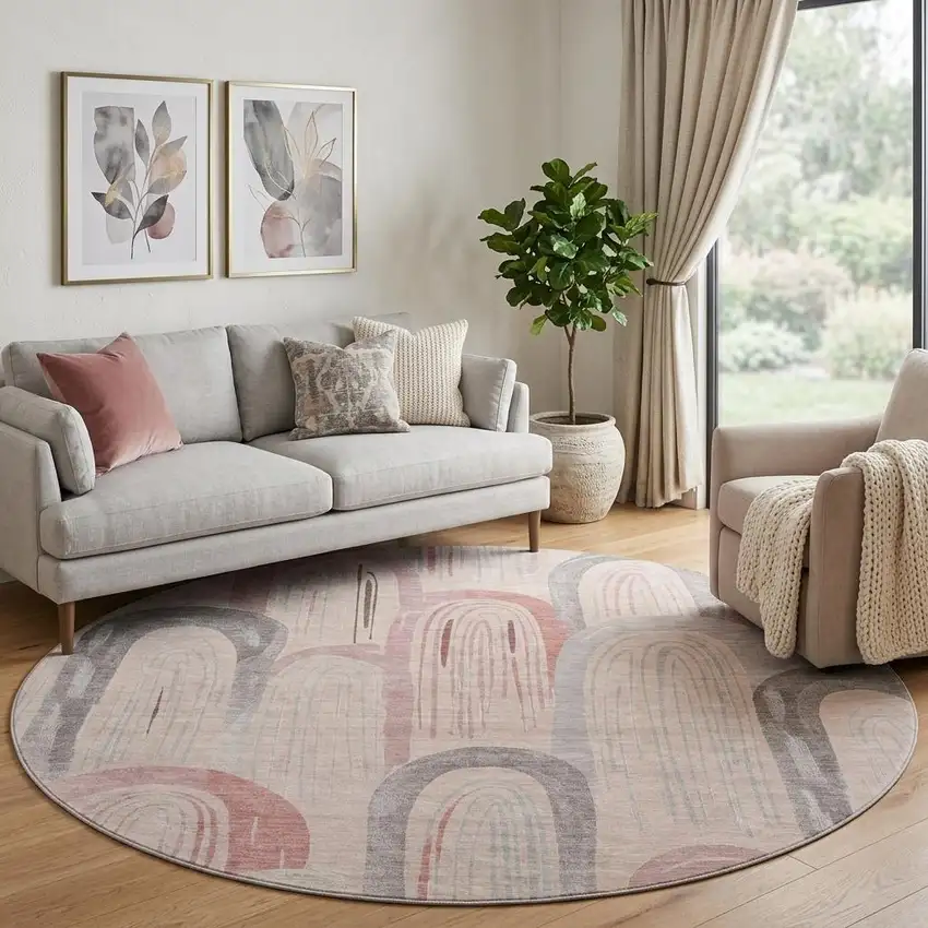 8' X 8' Salmon Gray And Silver Geometric Washable Round Rug With UV Protection Photo 1