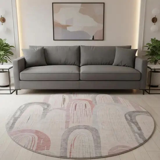 8' X 8' Salmon Gray And Silver Geometric Washable Round Rug With UV Protection Photo 2