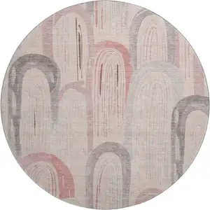 Photo of 8' X 8' Salmon Gray And Silver Geometric Washable Round Rug With UV Protection