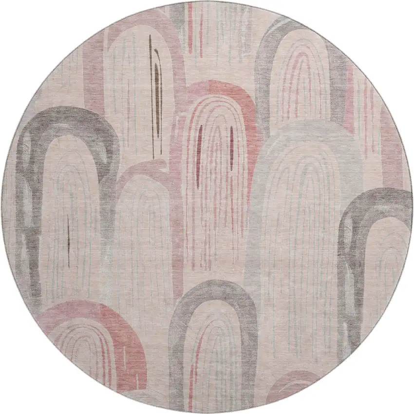 8' X 8' Salmon Gray And Silver Geometric Washable Round Rug With UV Protection Photo 1