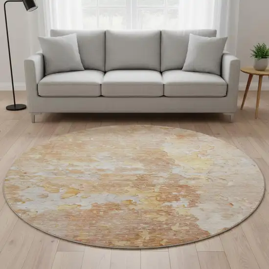 8' X 8' Salmon Ivory And Gold Abstract Washable Round Rug With UV Protection Photo 2