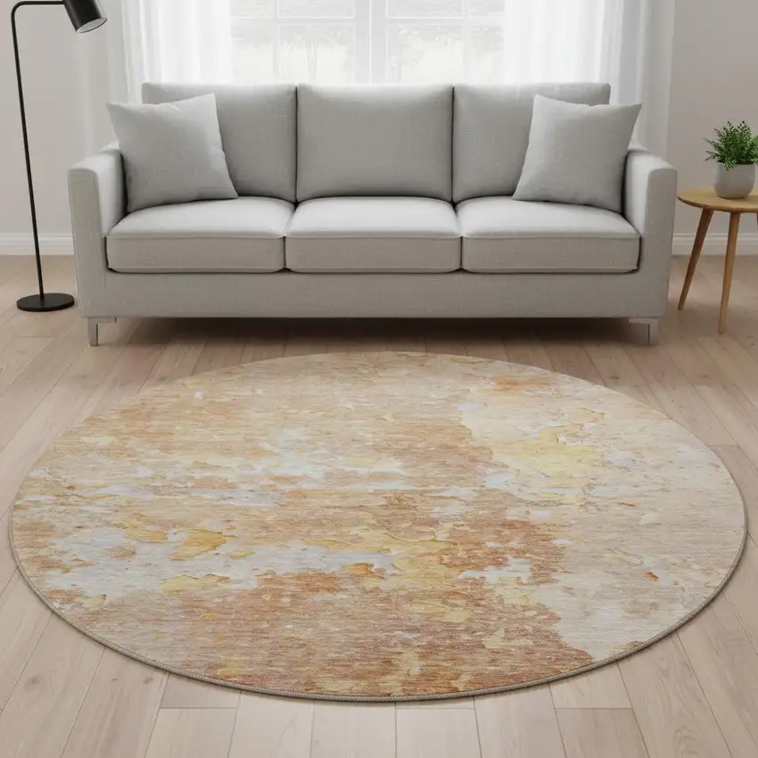 8' X 8' Salmon Ivory And Gold Abstract Washable Round Rug With UV Protection Photo 2