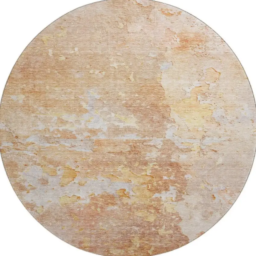 8' X 8' Salmon Ivory And Gold Abstract Washable Round Rug With UV Protection Photo 2