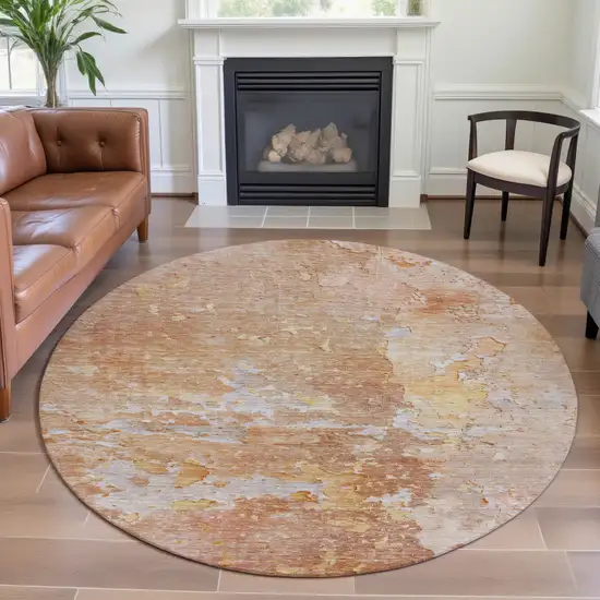 8' X 8' Salmon Ivory And Gold Abstract Washable Round Rug With UV Protection Photo 4