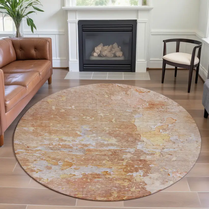 8' X 8' Salmon Ivory And Gold Abstract Washable Round Rug With UV Protection Photo 4