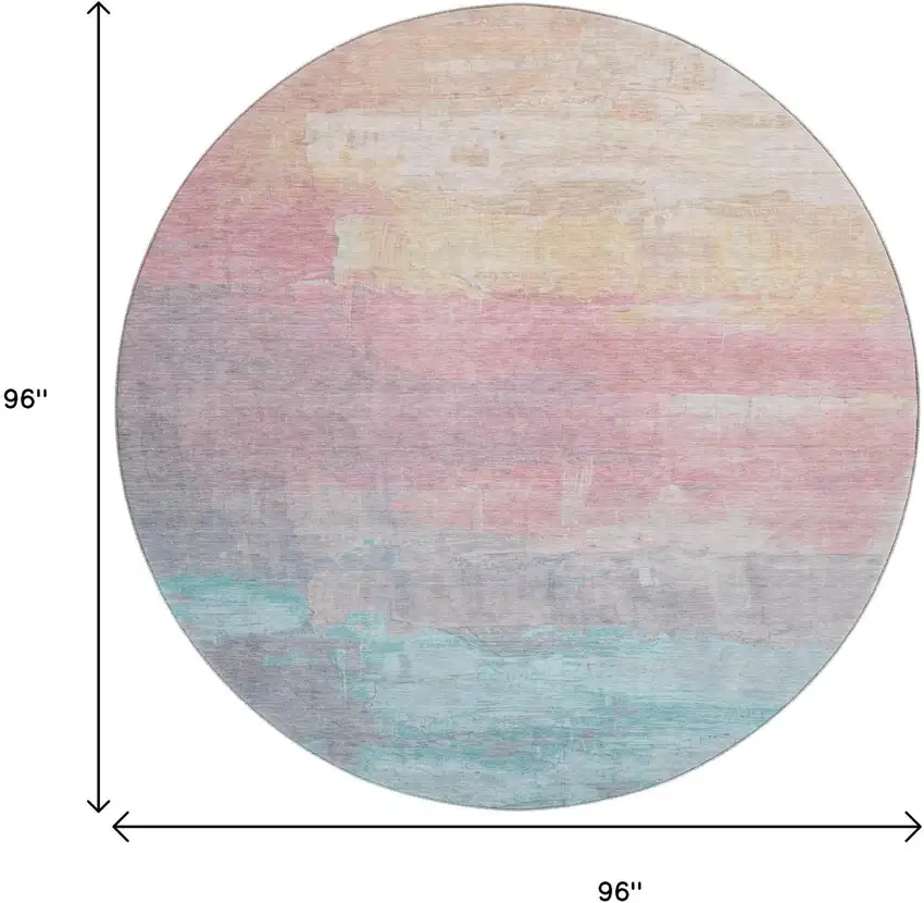 8' X 8' Salmon Silver And Teal Abstract Washable Round Rug With UV Protection Photo 9