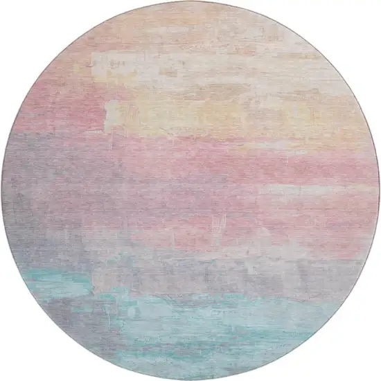 8' X 8' Salmon Silver And Teal Abstract Washable Round Rug With UV Protection Photo 1