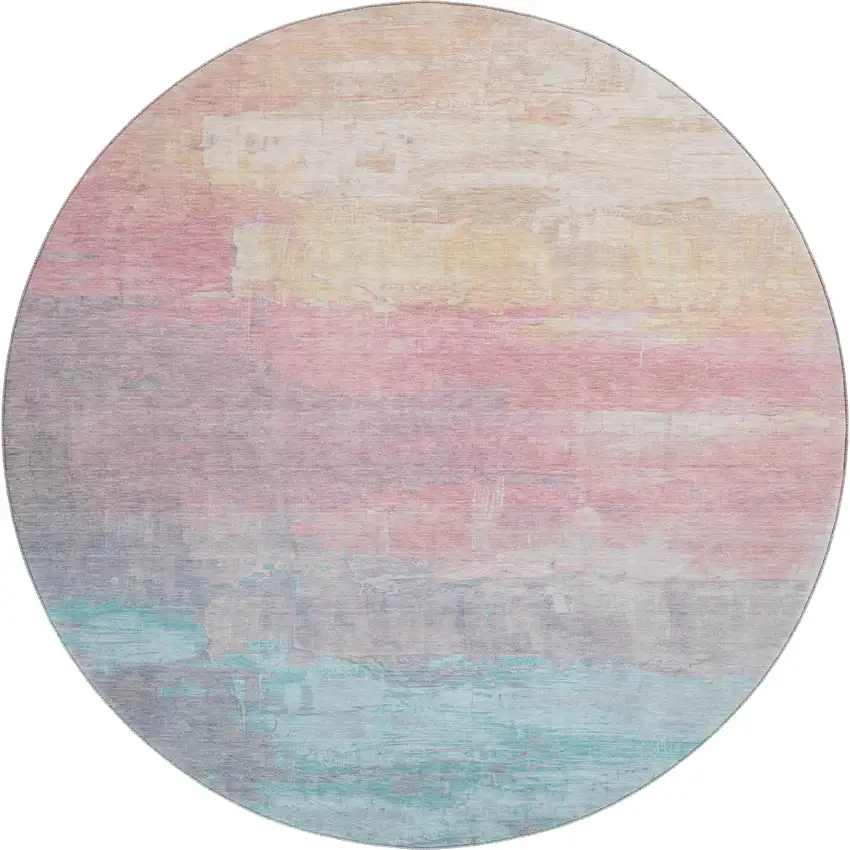 8' X 8' Salmon Silver And Teal Abstract Washable Round Rug With UV Protection Photo 1