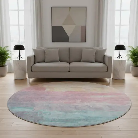 8' X 8' Salmon Silver And Teal Abstract Washable Round Rug With UV Protection Photo 2