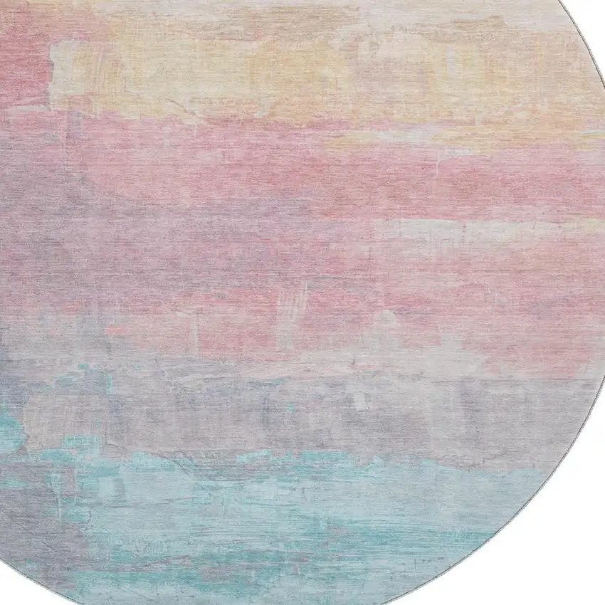 8' X 8' Salmon Silver And Teal Abstract Washable Round Rug With UV Protection Photo 2