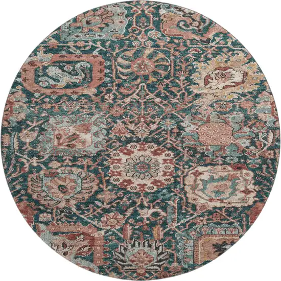 8' X 8' Salmon Teal And Peach Damask Washable Round Rug With UV Protection Photo 1