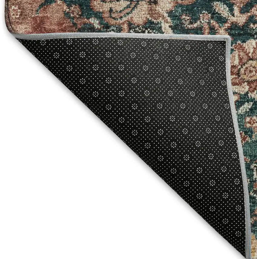 8' X 8' Salmon Teal And Peach Damask Washable Round Rug With UV Protection Photo 5