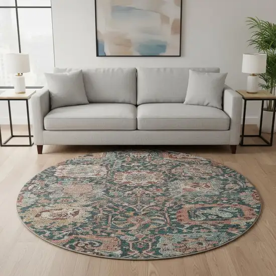 8' X 8' Salmon Teal And Peach Damask Washable Round Rug With UV Protection Photo 2