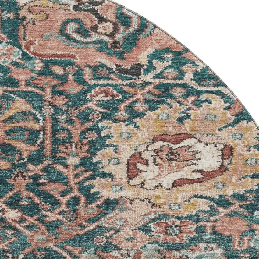 8' X 8' Salmon Teal And Peach Damask Washable Round Rug With UV Protection Photo 2