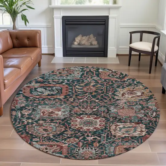 8' X 8' Salmon Teal And Peach Damask Washable Round Rug With UV Protection Photo 4