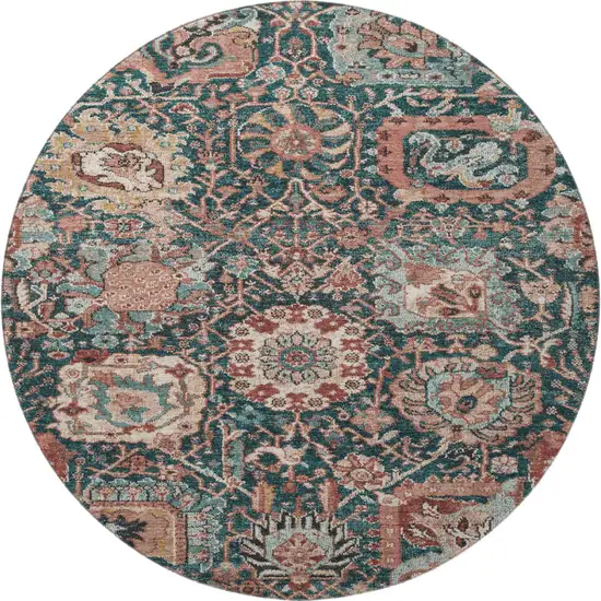 8' X 8' Salmon Teal And Peach Damask Washable Round Rug With UV Protection Photo 3