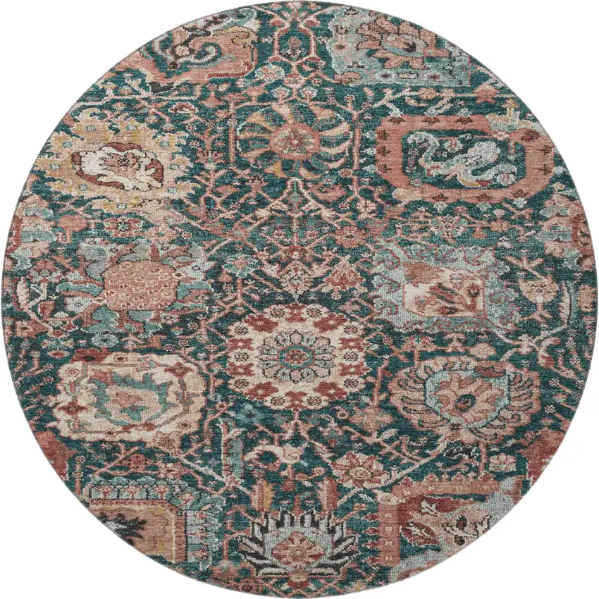 8' X 8' Salmon Teal And Peach Damask Washable Round Rug With UV Protection Photo 3